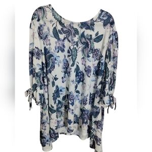 Cato Women's Size 26-28 Floral Asymmetrical ¾Sleeve Casual Comfortable Boho Top